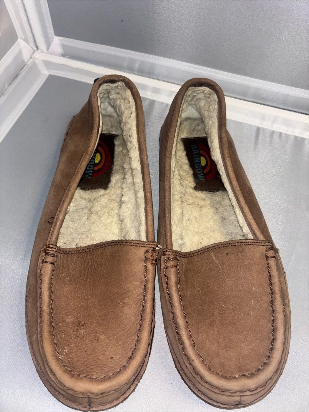 Rainbow brown moccasin slippers for with shearling lining women 7